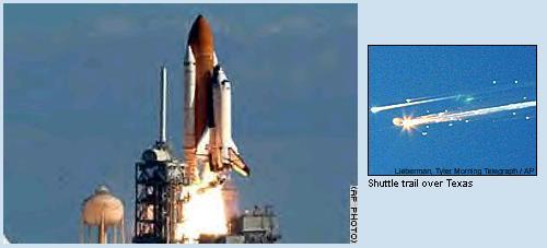 Shuttle Comumbia lifts off - disintegrates on it's flight home.
